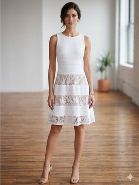 NWT SLNY Womens 8 White Lace Textured A-Line Dress Cocktail Sleeveless M FLAW